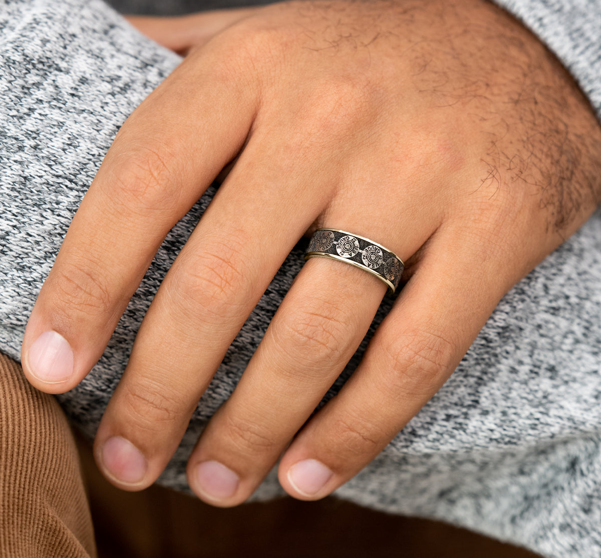 THE 12 GAUGE 7.5mm 14K Yellow/Grey-Black Titanium Benchmark men's wedding band