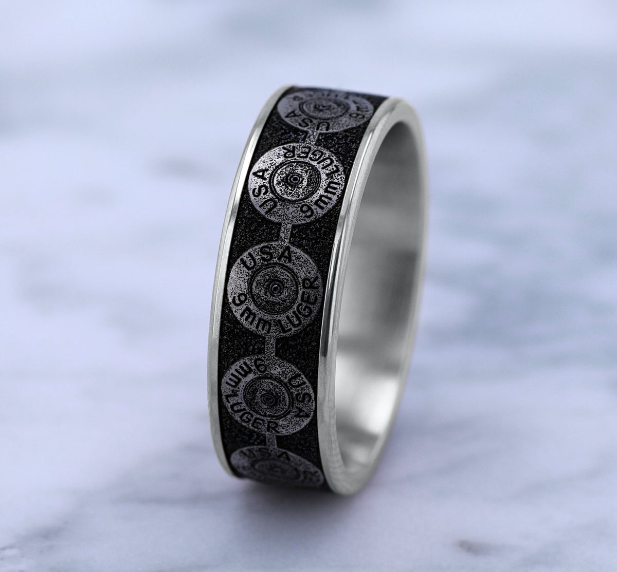 THE 9MM 7.5mm 14K White/Grey-Black Titanium Benchmark men's wedding band