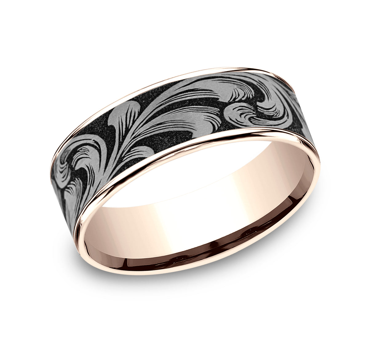 THE BARREL SCRIPT 7.5mm 14K Rose/Grey-Black Titanium Benchmark men's wedding band
