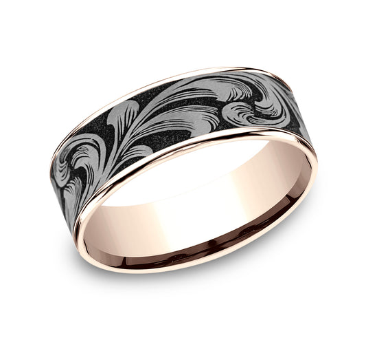 THE BARREL SCRIPT 7.5mm 14K Rose/Grey-Black Titanium Benchmark men's wedding band