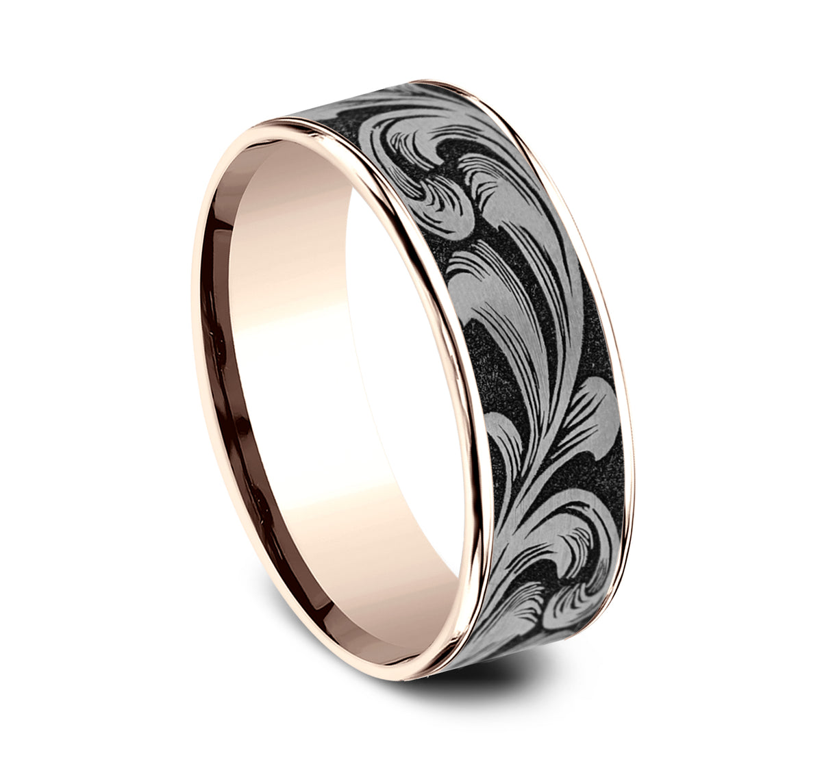 THE BARREL SCRIPT 7.5mm 14K Rose/Grey-Black Titanium Benchmark men's wedding band