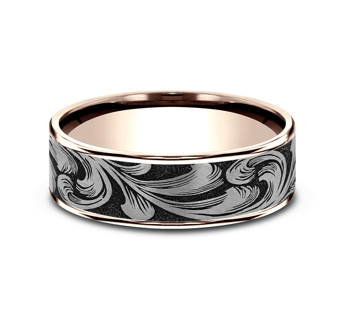 THE BARREL SCRIPT 7.5mm 14K Rose/Grey-Black Titanium Benchmark men's wedding band