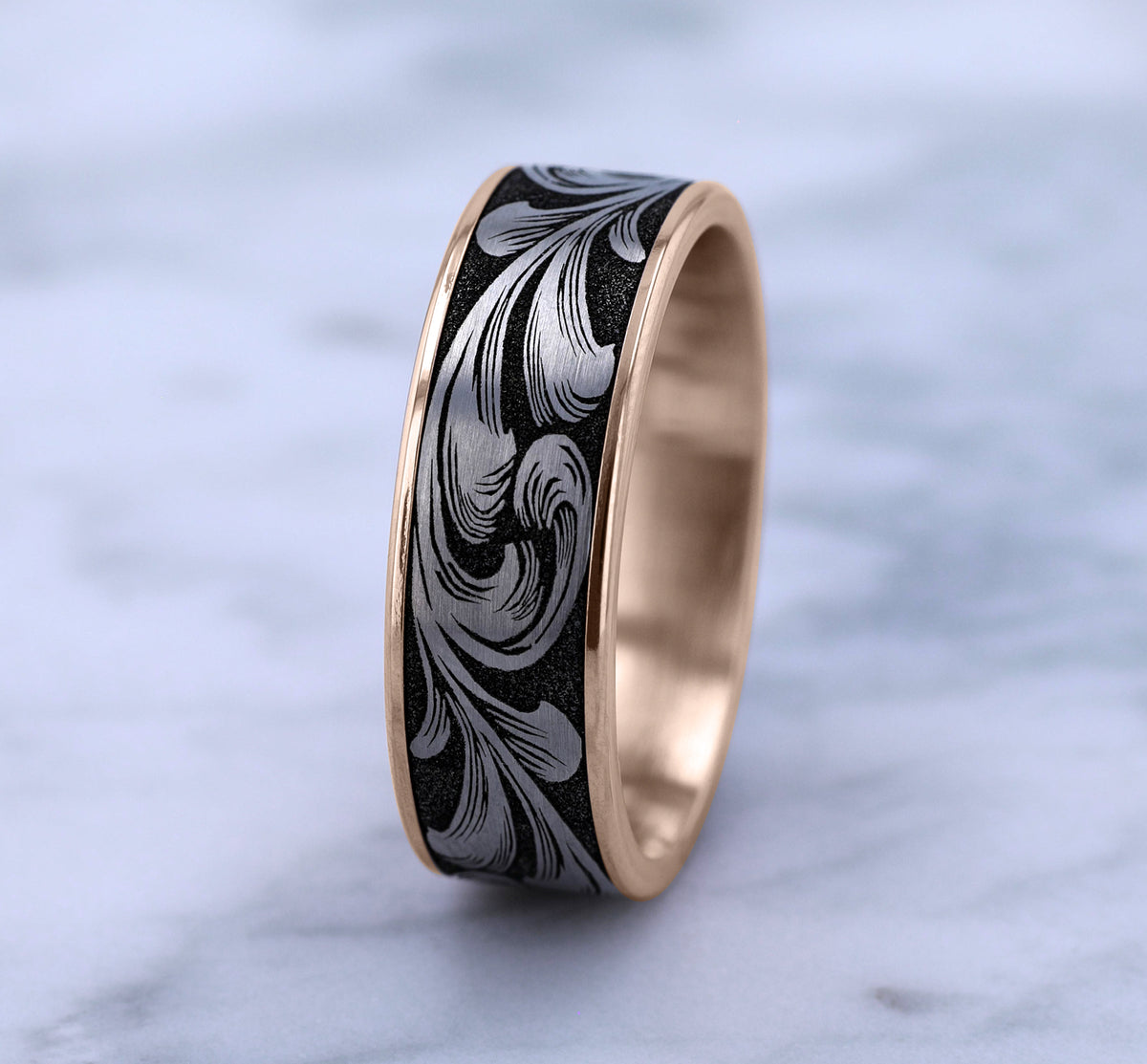 THE BARREL SCRIPT 7.5mm 14K Rose/Grey-Black Titanium Benchmark men's wedding band