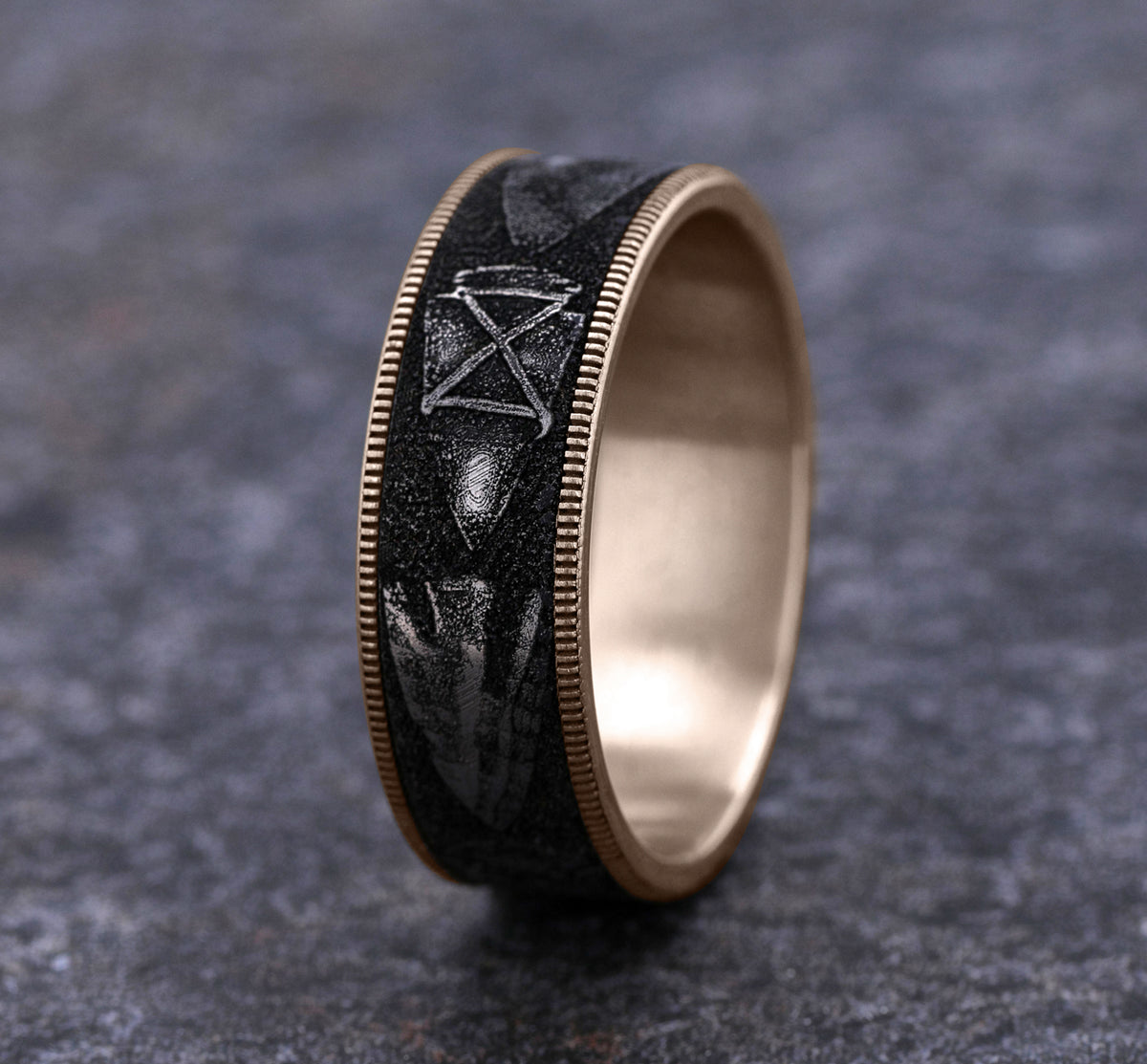 THE ARROWHEAD 7.5mm 14K Rose/Grey-Black Titanium Benchmark men's wedding band