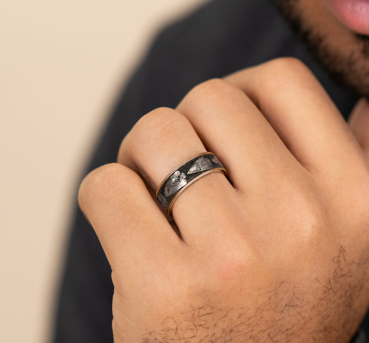 THE ARROWHEAD 7.5mm 14K Rose/Grey-Black Titanium Benchmark men's wedding band