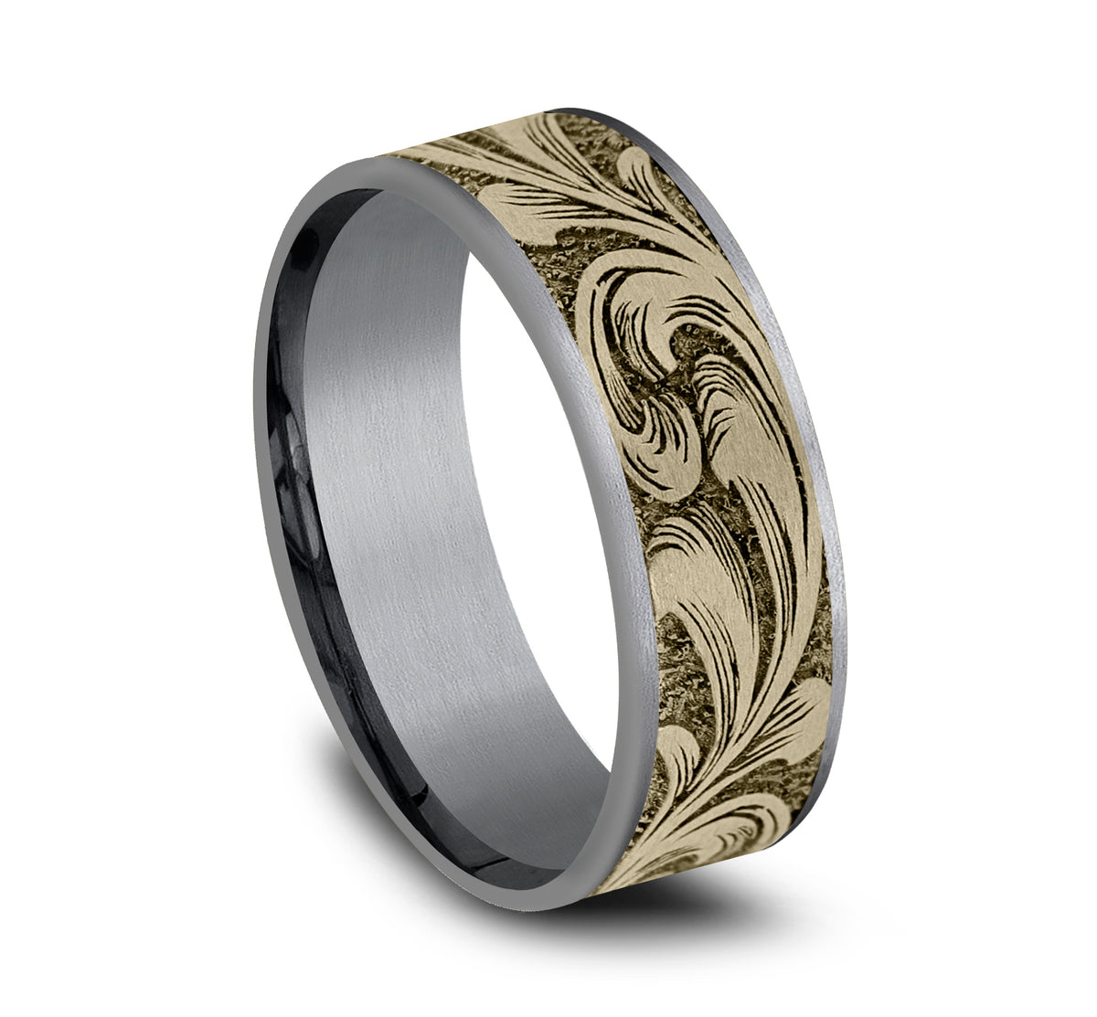 THE BARREL SCRIPT 7.5mm Tantalum Grey/14K Yellow Benchmark men's wedding band