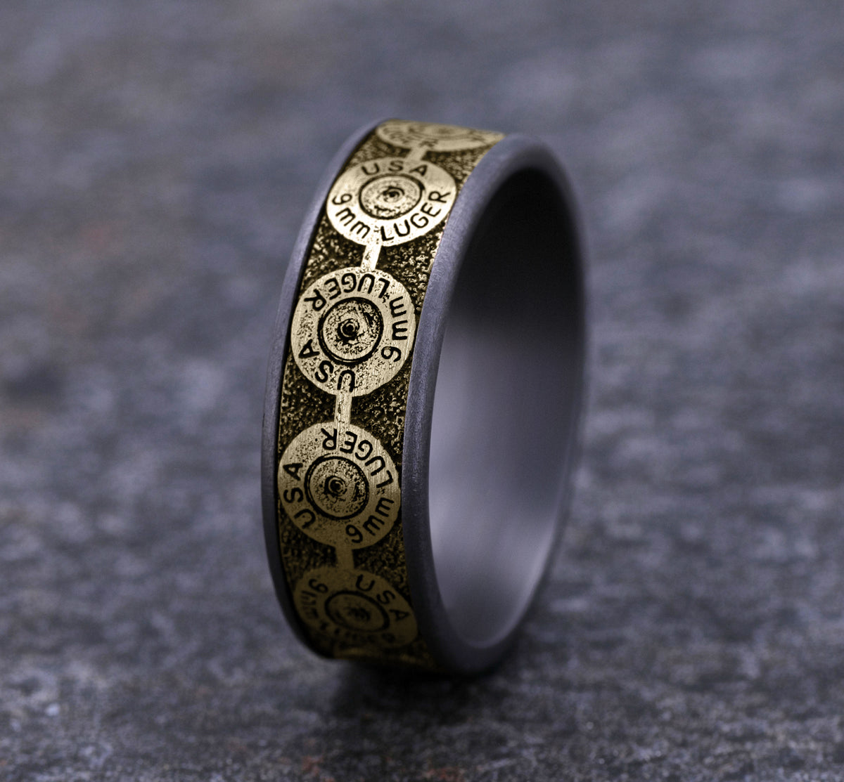 THE 9MM 7.5mm Tantalum Grey/14K Yellow Benchmark men's wedding band