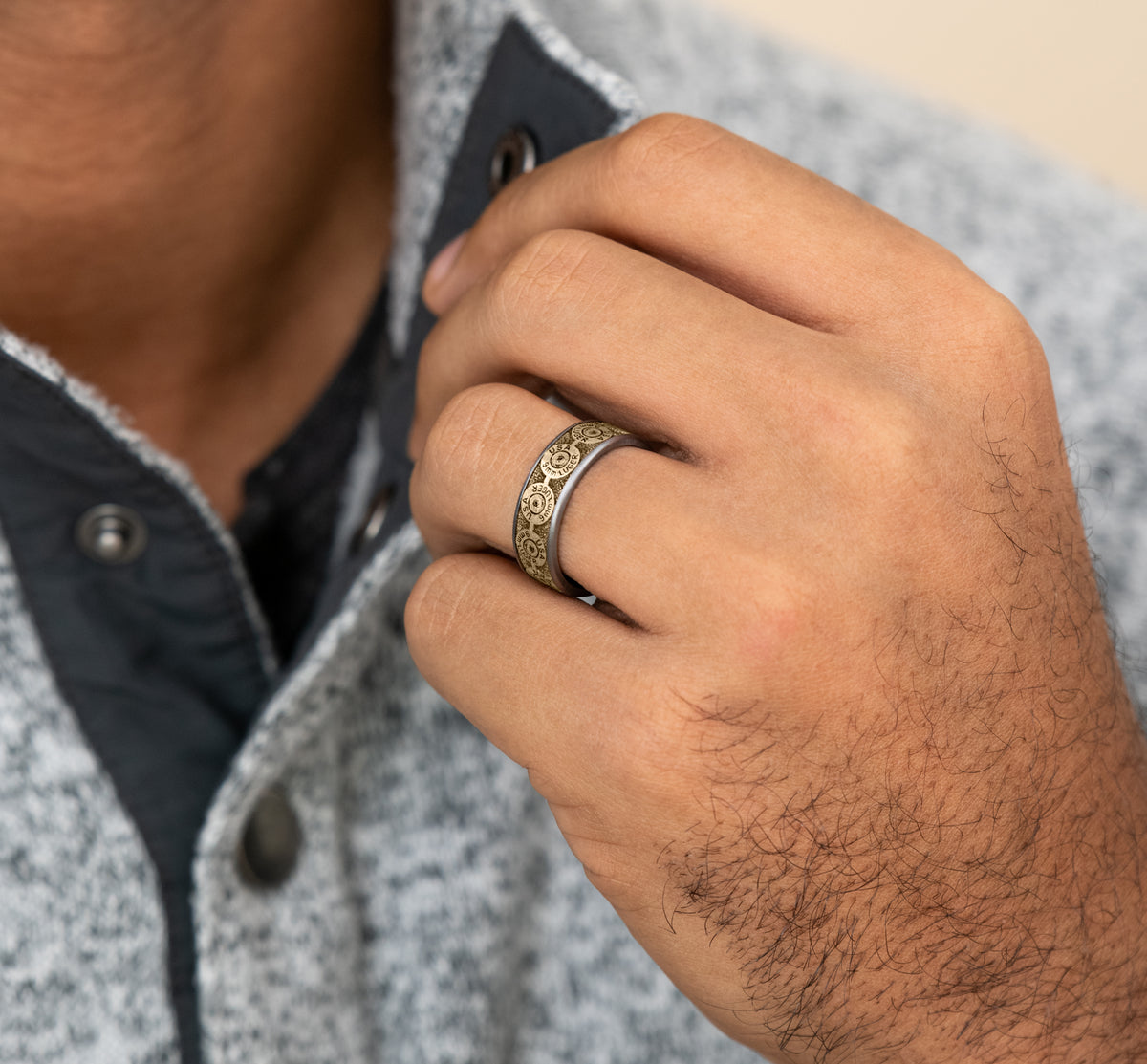 THE 9MM 7.5mm Tantalum Grey/14K Yellow Benchmark men's wedding band