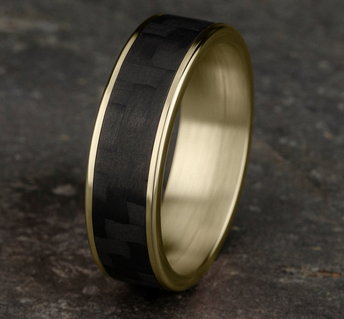 THE SCHUMACHER 6.5mm 14K Yellow/Carbon Fiber Black Benchmark men's wedding band