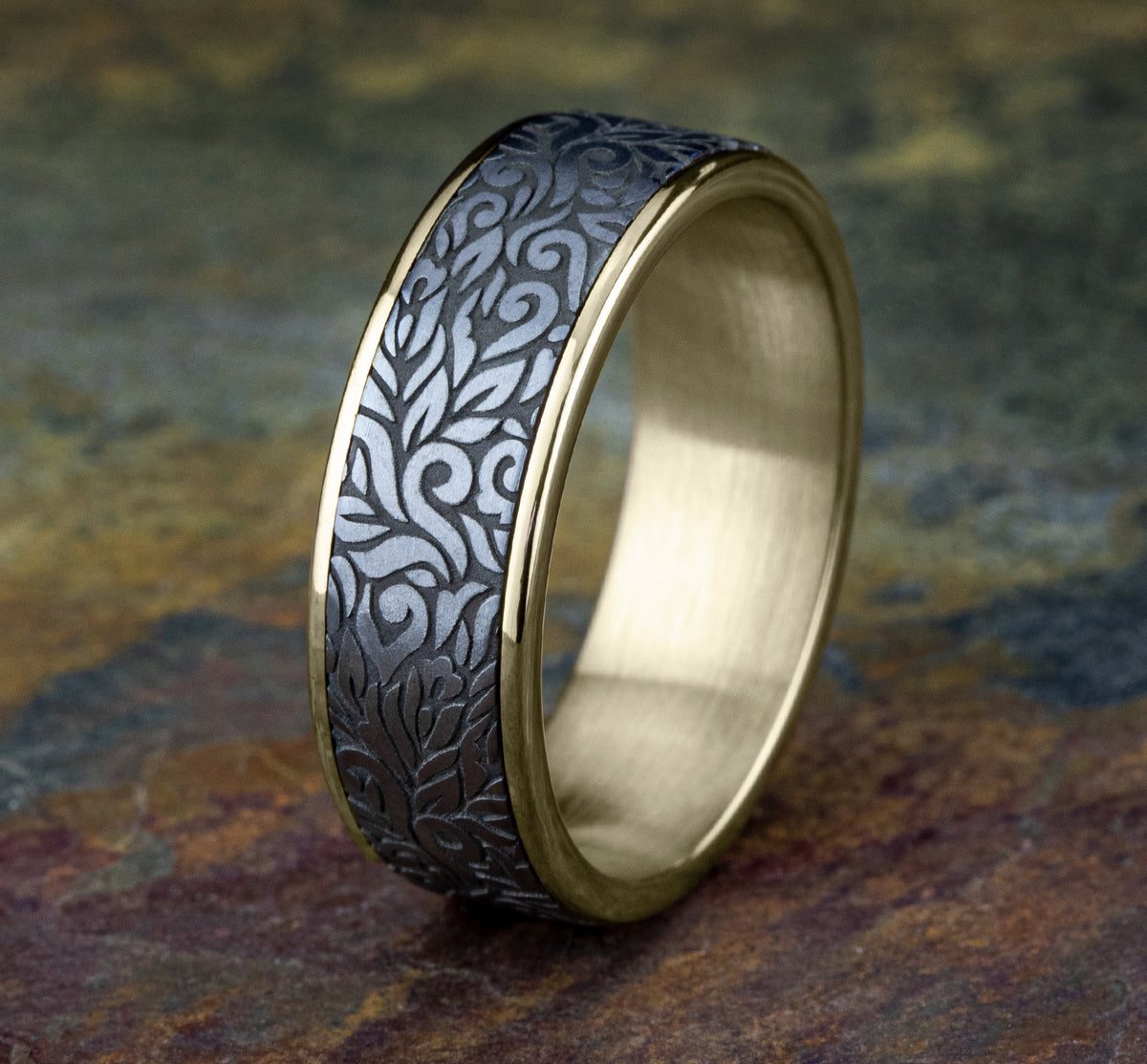 THE RANCH 7.5mm 14K Yellow/Tantalum Grey Benchmark men's wedding band