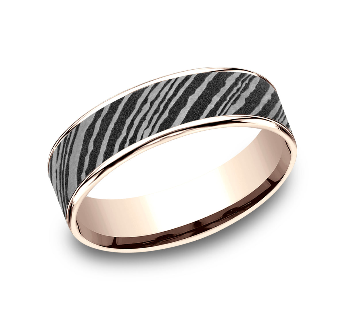 THE BOWIE 6.5mm 14K Rose/Damascus Steel Benchmark men's wedding band