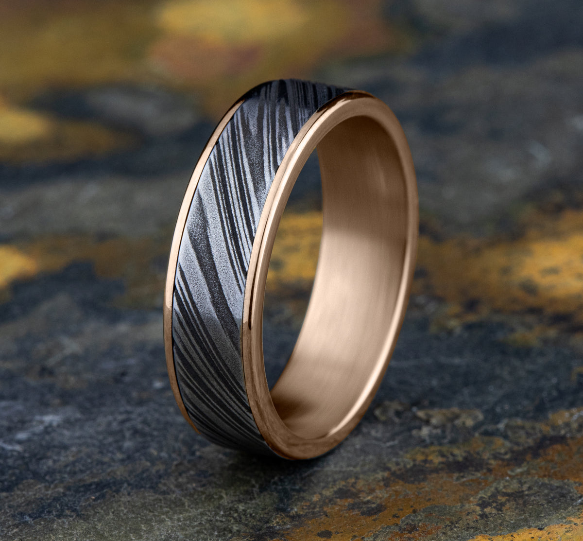THE BOWIE 6.5mm 14K Rose/Damascus Steel Benchmark men's wedding band