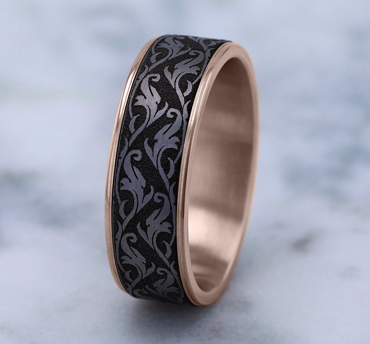 THE IVY 7.5mm 14K Rose/Tantalum Grey Benchmark men's wedding band