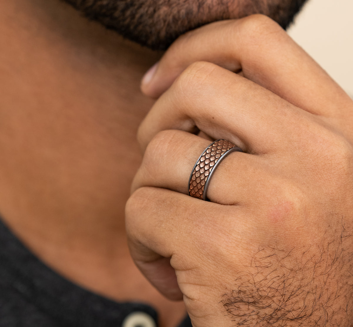 THE DROGON 7.5mm Tantalum Grey/14K Rose Benchmark men's wedding band