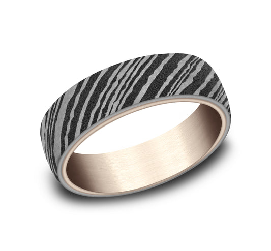 THE WOOD GRAIN 6.5mm 14K Rose/Tantalum Grey Benchmark men's wedding band