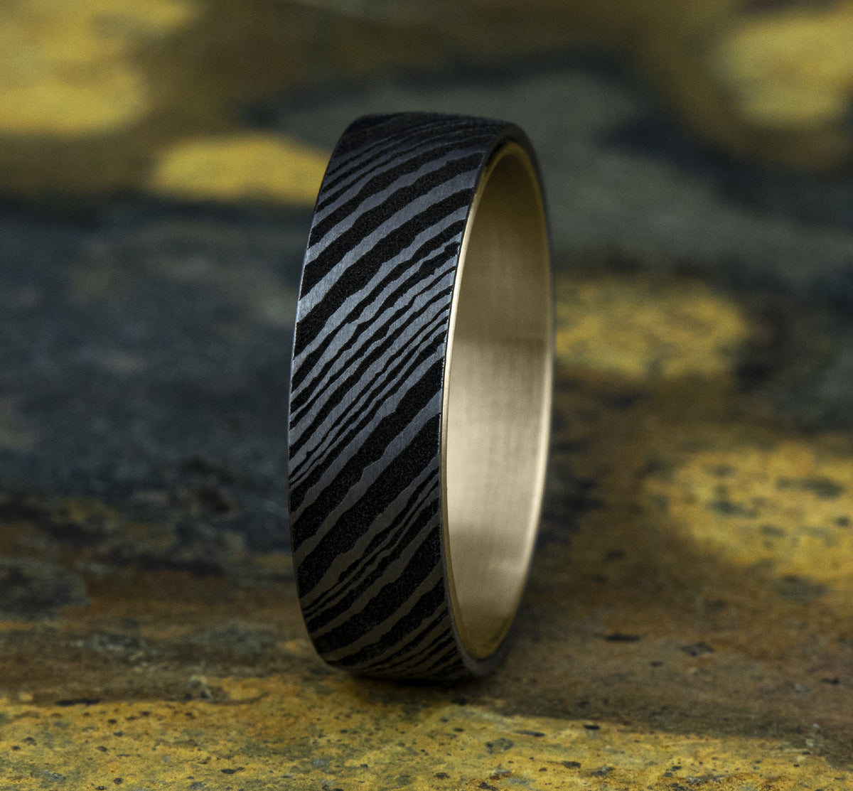 THE BLADE 6.5mm 14K Yellow/Damascus Steel Benchmark men's wedding band