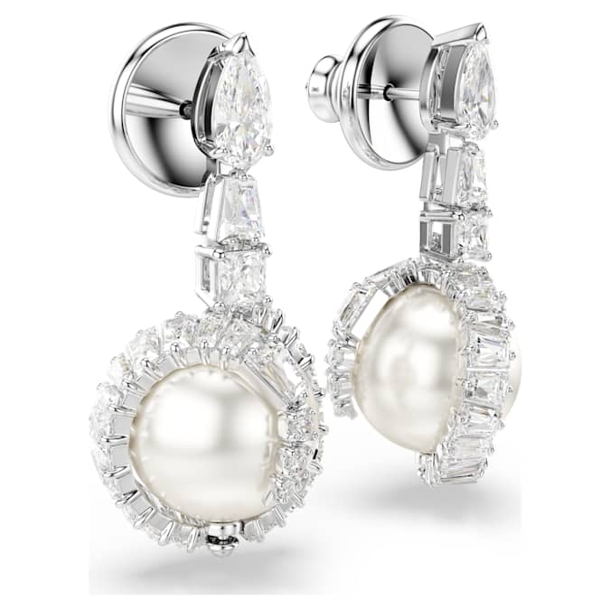 Snake drop earrings Crystal pearl, Mixed cuts, Year of the Snake, White, Rhodium plated