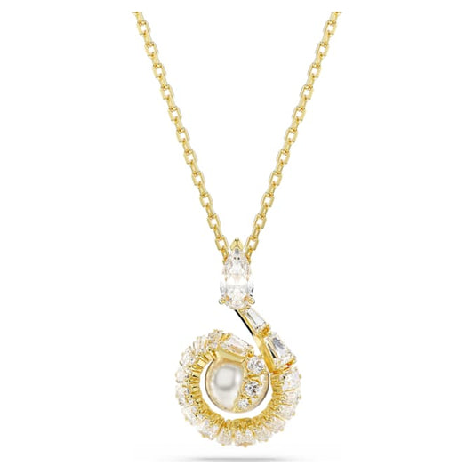 Snake pendant Crystal pearl, Mixed cuts, Year of the Snake, White, Gold-tone plated