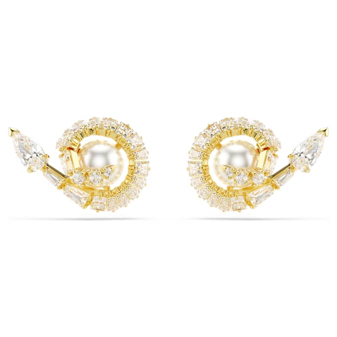 Snake stud earrings Crystal pearl, Mixed cuts, Year of the Snake, White, Gold-tone plated