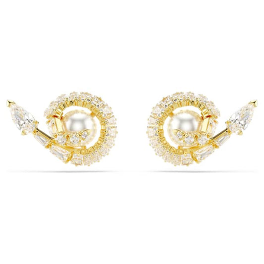 Snake stud earrings Crystal pearl, Mixed cuts, Year of the Snake, White, Gold-tone plated
