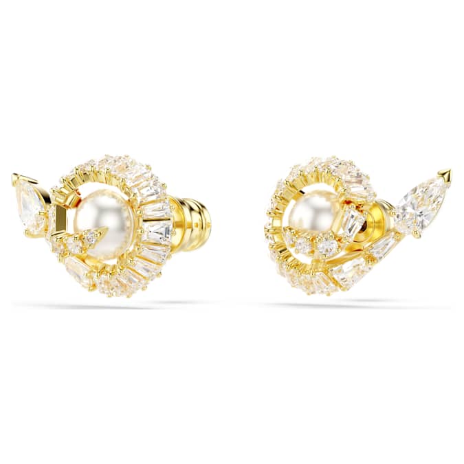 Snake stud earrings Crystal pearl, Mixed cuts, Year of the Snake, White, Gold-tone plated