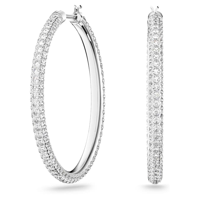 Stone hoop earrings Pavé, Large, White, Rhodium plated