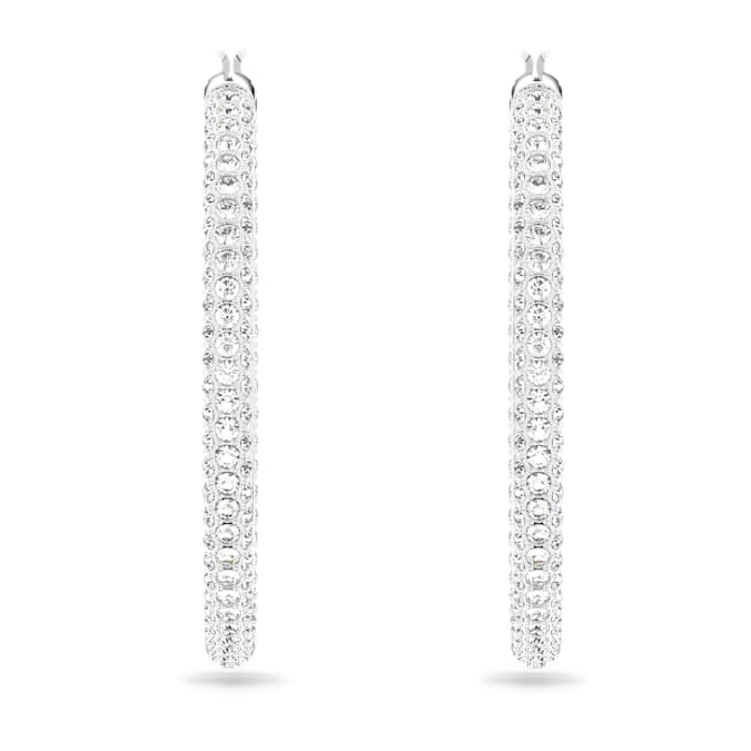 Stone hoop earrings Pavé, Large, White, Rhodium plated