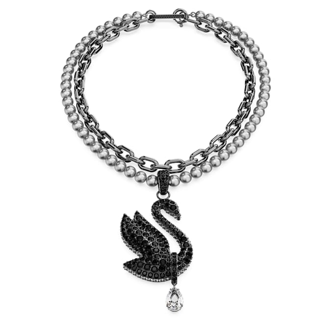 Swan choker and brooch Crystal pearl, Swan, Black, Ruthenium plated