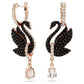 Swan drop earrings Swan, Black, Rose gold-tone plated