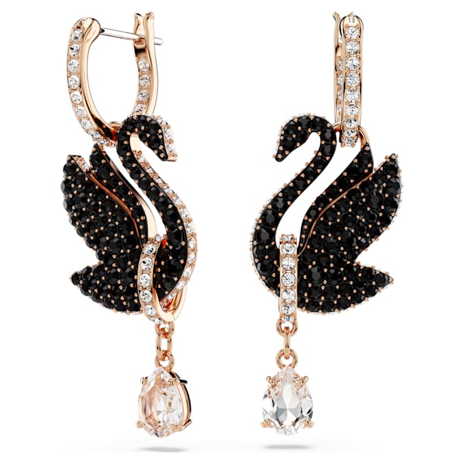 Swan drop earrings Swan, Black, Rose gold-tone plated