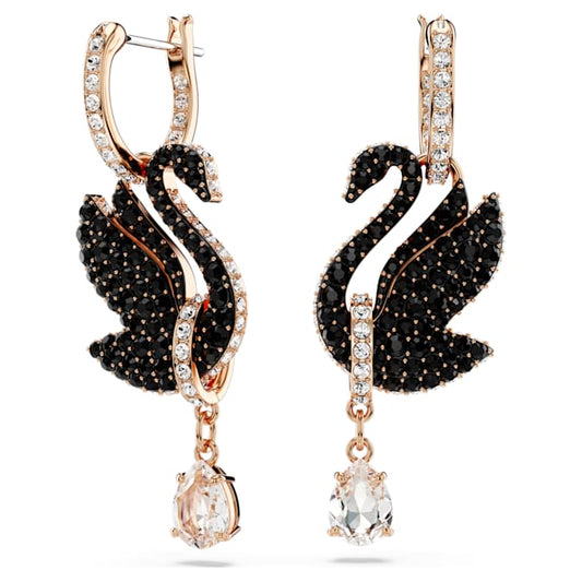 Swan drop earrings Swan, Black, Rose gold-tone plated