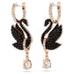 Swan drop earrings Swan, Black, Rose gold-tone plated
