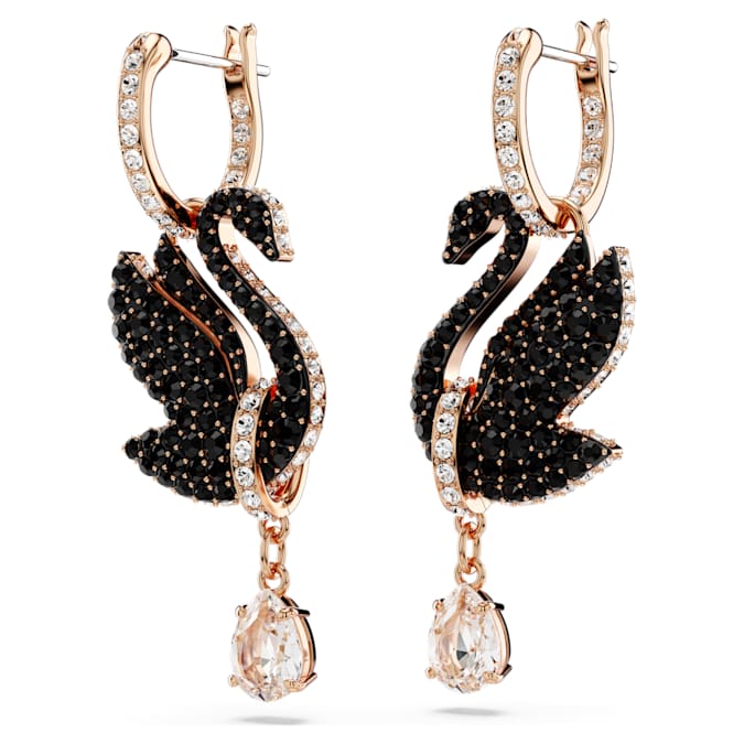 Swan drop earrings Swan, Black, Rose gold-tone plated