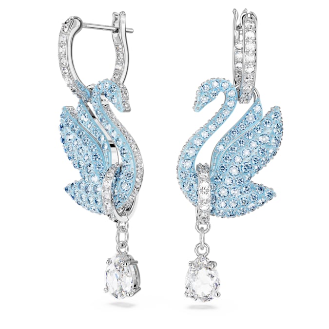 Swan drop earrings Swan, Blue, Rhodium plated
