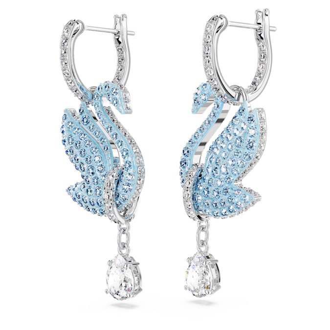 Swan drop earrings Swan, Blue, Rhodium plated