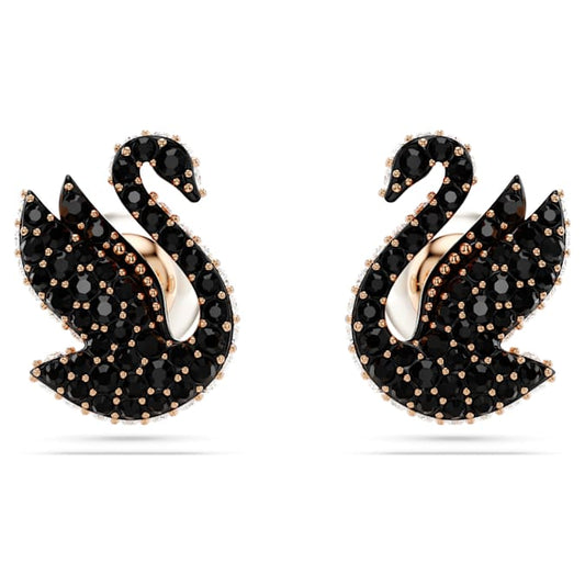 Swan stud earrings Crystal pearl, Swan, Black, Rose gold-tone plated