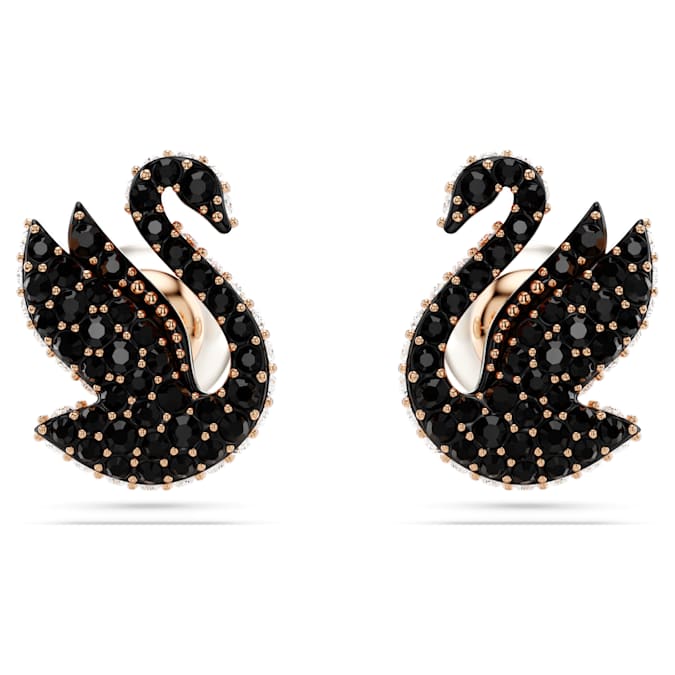 Swan stud earrings Crystal pearl, Swan, Black, Rose gold-tone plated
