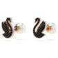 Swan stud earrings Crystal pearl, Swan, Black, Rose gold-tone plated