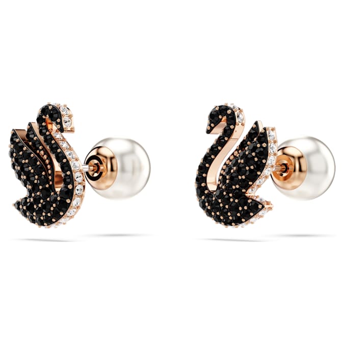 Swan stud earrings Crystal pearl, Swan, Black, Rose gold-tone plated