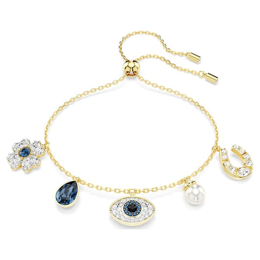 Symbolica bracelet Crystal pearl, Clover, evil eye and horseshoe, Blue, Gold-tone plated