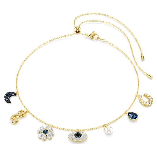 Symbolica choker Crystal pearl, Moon, infinity, clover, evil eye and horseshoe, Blue, Gold-tone plated