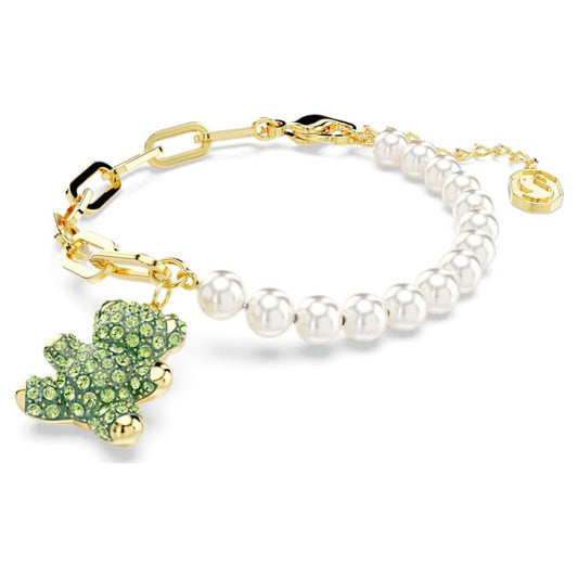 Teddy bracelet Crystal pearl, Bear, Green, Gold-tone plated