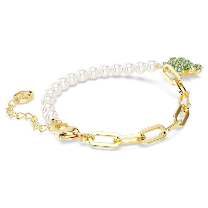 Teddy bracelet Crystal pearl, Bear, Green, Gold-tone plated