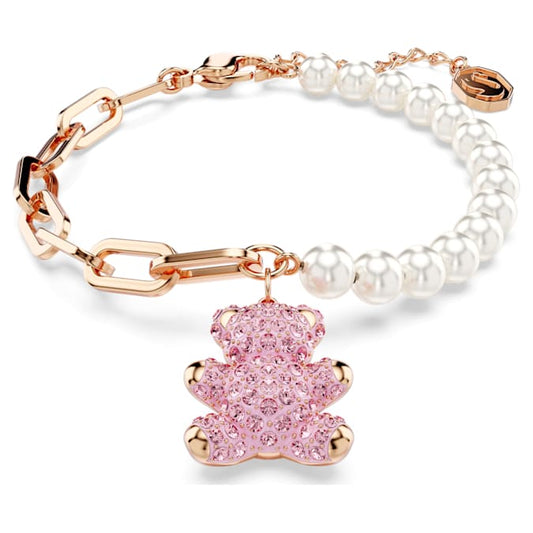 Teddy bracelet Crystal pearl, Bear, Pink, Rose gold-tone plated