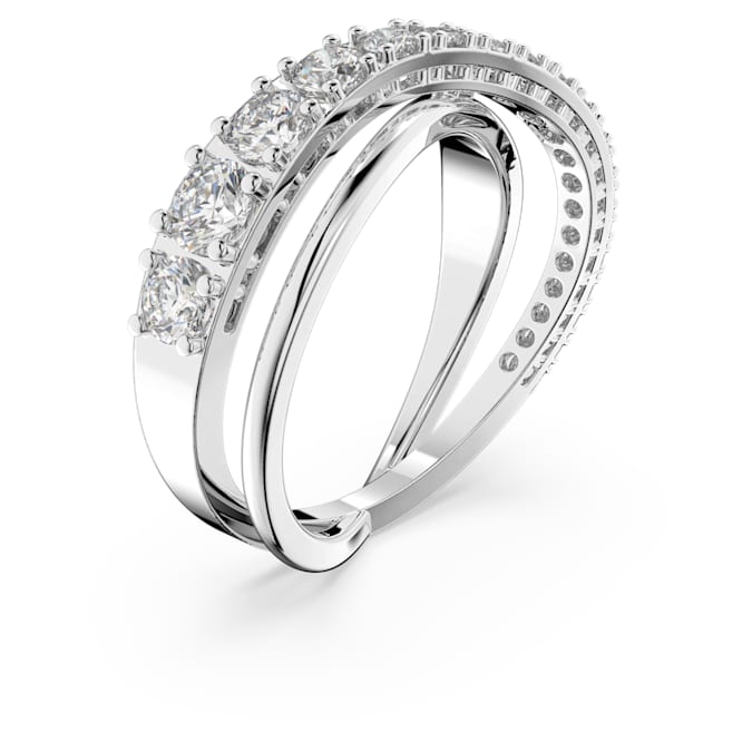 Twist ring Round cut, White, Rhodium plated