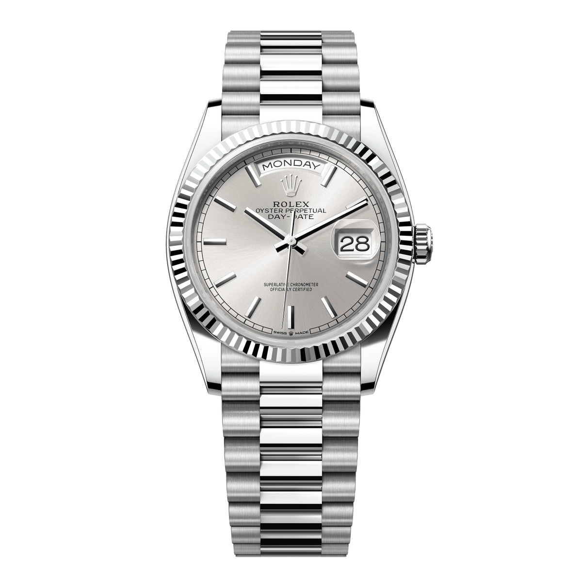 Rolex Day-Date 36mm Silver Dial Platinum President Bracelet 128236
