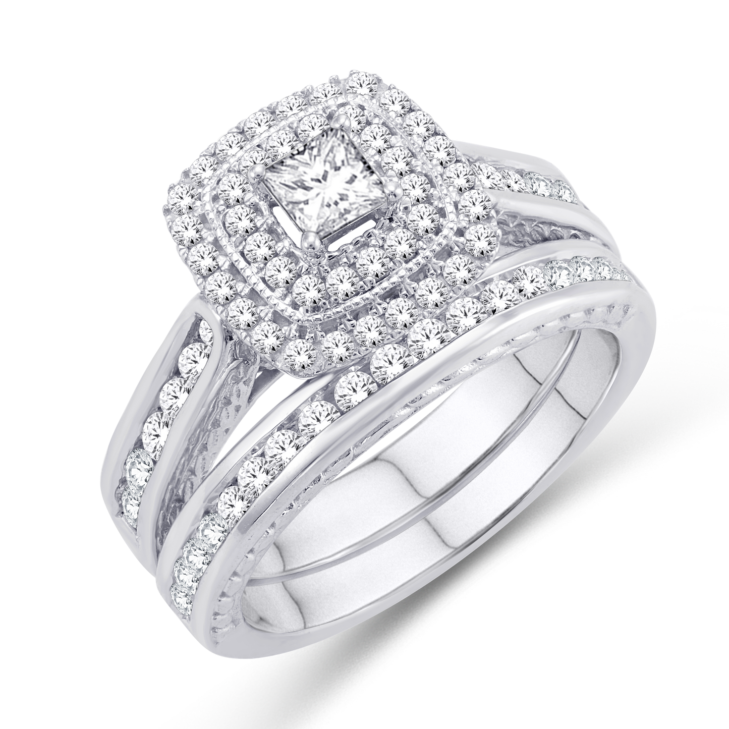 14k white gold 1.00ctw Princess cut double Halo engagement ring set