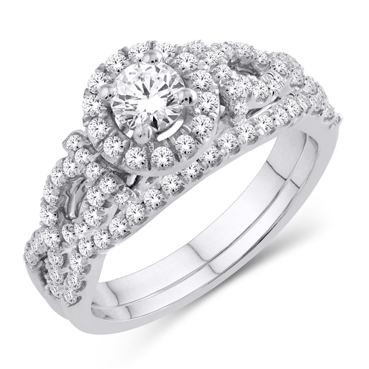 14k white gold 1.00ctw Round Halo engagement ring set