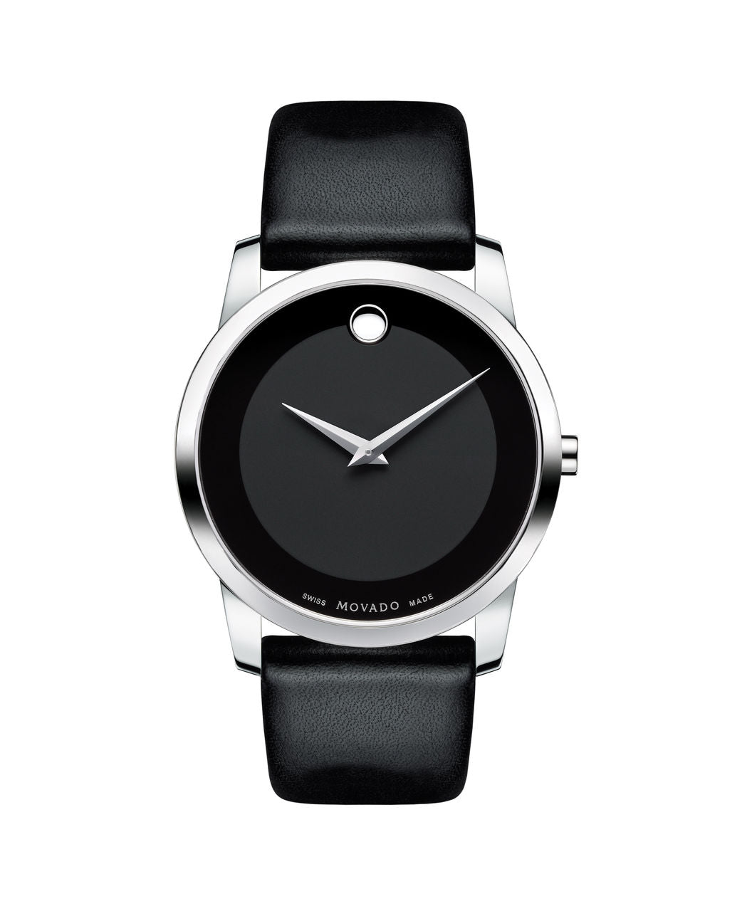 Movado Museum Dial silver tone case on Black Leather strap 40mm 0606502