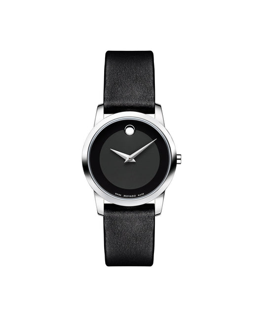 Movado Museum Dial silver tone case on Black Leather strap 28mm 0606503